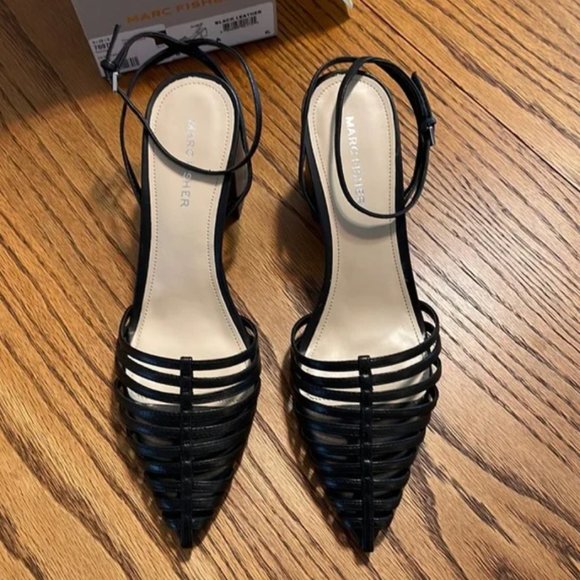 ❤️ MARC FISHER Huarache Carmela Leather Strappy Pointy Toe Dress Heeled Sandals - Picture 3 of 3